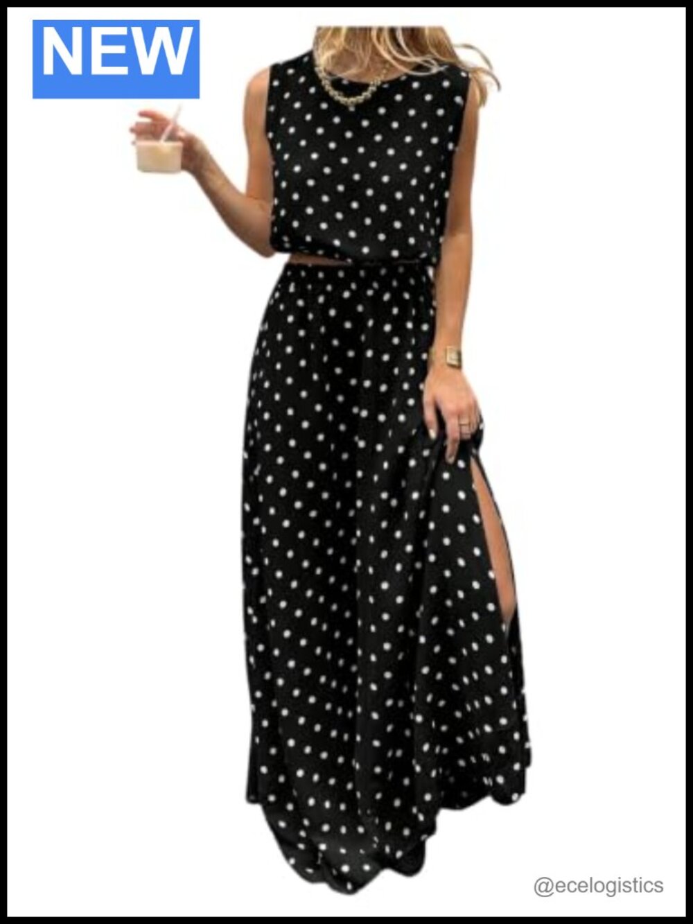 2 Piece Polka Dots Tank Top Maxi Skirt Set Sleeveless High Waisted
